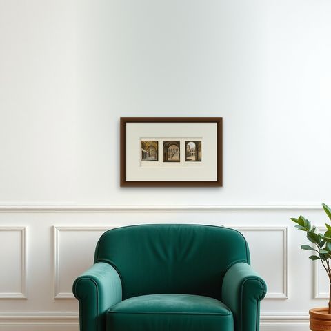 Three Antique Venetian Interior & Architectural Views, c.1845, shown framed on a wall, true to size