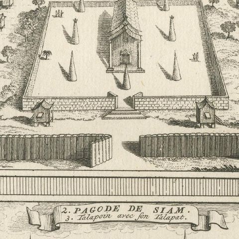 Antique Print of Siam Temples by Van Schley 'c.1750', close-up 2