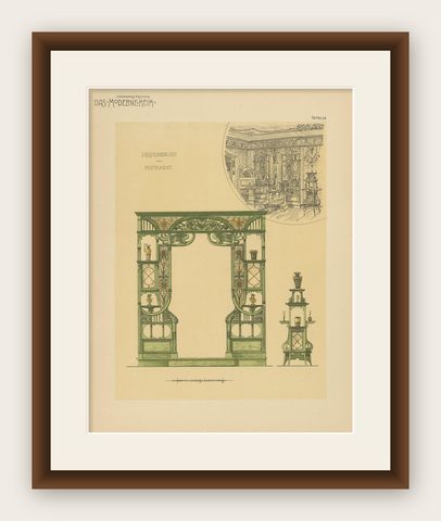 Pl. 55 Antique Print of a Bay Window by Kramer, circa 1910, shown framed
