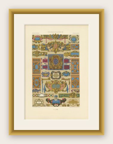 Pl. 58 Antique Print of Renaissance Ornaments by Racinet (c.1890), shown framed