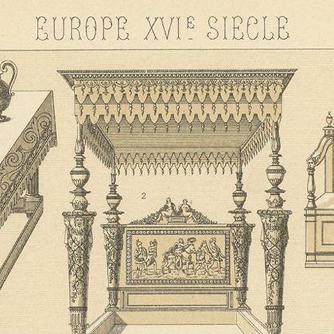 Pl. 48 Antique Print of European XVIth Century Furniture by Racinet, circa 1880, close-up 1