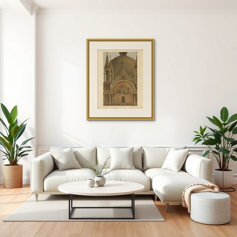 Antique Print of the Portal of Sant'Alipio of the Basilica of San Marco, 1881, shown framed in a room, true to size