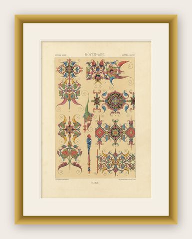 Gothic Illumination-Inspired Ornament, Middle Ages Decorative Designs, c.1869, shown framed