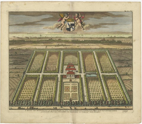 Old Decorative Handcolored Engraving of the Molenbaix Estate in Belgium, 1696, view 2