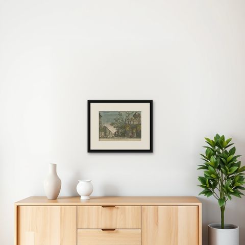 Antique Print of the Ruins of the Temple of Jupiter Tonans by Berthault 'c.1770', shown framed on a wall, true to size
