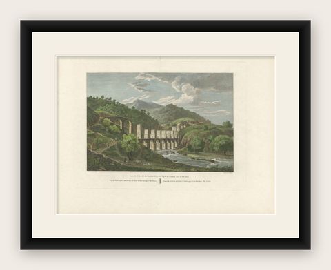 Antique Print of the Bridge of Lladenet, Six Leagues From Barcelona, Spain, shown framed