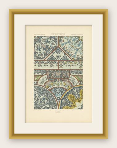 Pl. 82 Antique Print of XVIIth and XVIIIth Century Ornaments by Racinet (c.1890), shown framed