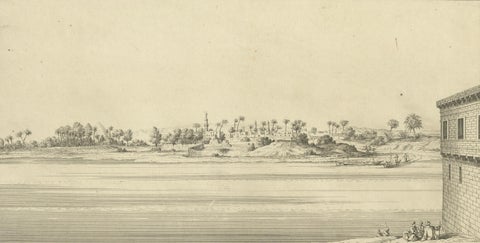 Old Cairo on the Nile with Distant Pyramids, Antique Egypt Engraving, c.1755, close-up 3