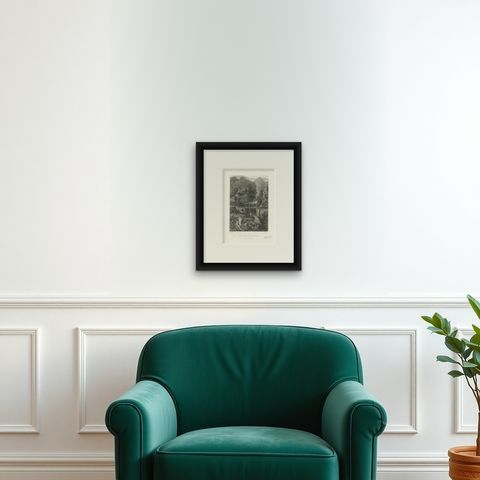 Antique Print of a Bridge over a Ravine in New Guinea, shown framed on a wall, true to size