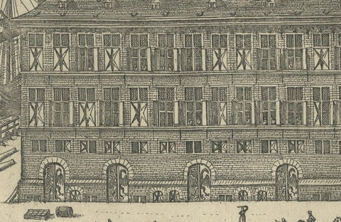 Rare 1582 Copper Engraving of Hanseatic House, Antwerp by Guicciardini, close-up 1