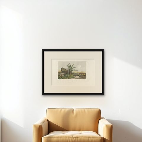 Antique Print of a Ruin in Concepción 'Chile' by D'Urville, circa 1850, shown framed on a wall, true to size