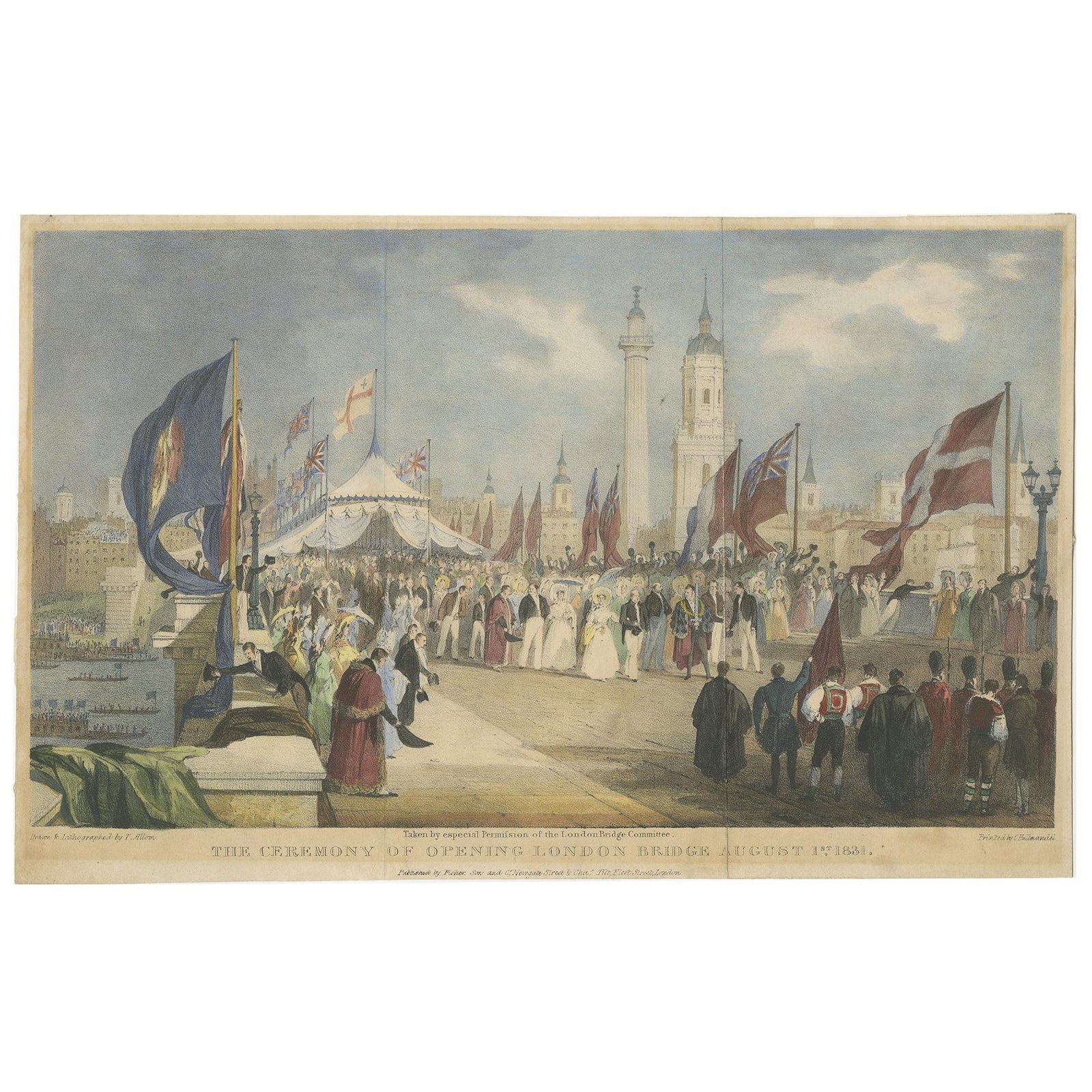 Antique Print of the Ceremony of Opening London Bridge by Hullmandel '1831'