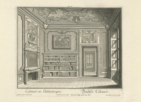 Decorative Antique Print of a Book Cabinet and Library by Wolff, ca.1737, view 4