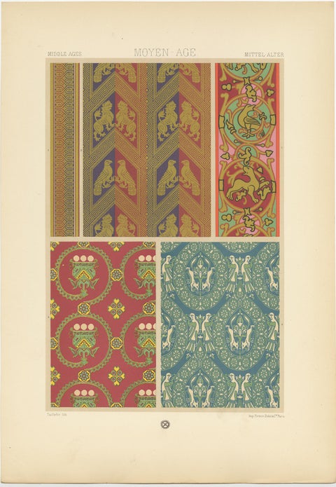 Pl. 53 Antique Print of Middle Ages Design from Textiles by Racinet, circa 1890, view 2