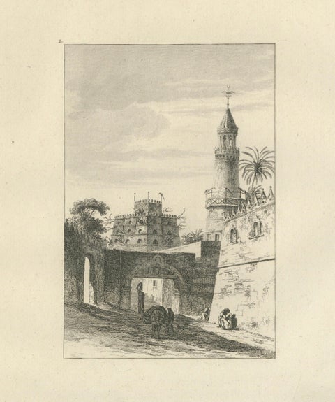Egyptian City Architecture with Tower, Denon Engraving, 1802, close-up 2