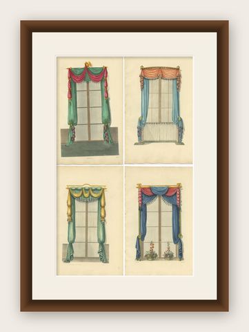 Set of 4 Antique Prints of Windows with Drapery by Sheraton '1805', shown framed