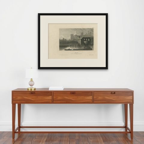 Antique Print of the Palace and Prison of Córdoba by Meyer, 1837, shown framed on a wall, true to size