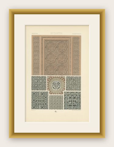 Pl. 40 Antique Print of Byzantine Architectural Motifs by Racinet, circa 1890, shown framed