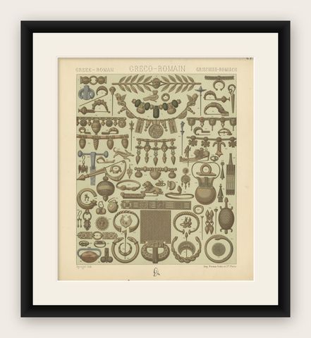 Pl. 21 Antique Print of Greece-Roman Decorative Objects by Racinet, 'circa 1880', shown framed