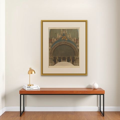 Antique Print of the Main Portal of the Basilica of San Marco, 1881, shown framed on a wall, true to size