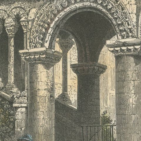 Antique Hand-Coloured Engraving, The Norman Staircase, Canterbury, c.1870s, close-up 5