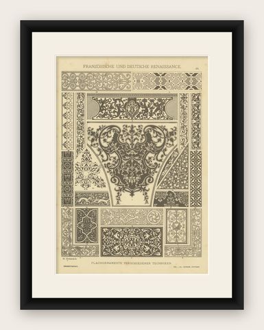 German Renaissance Decorative Arts from Der Ornamentenschatz, 1887, shown framed
