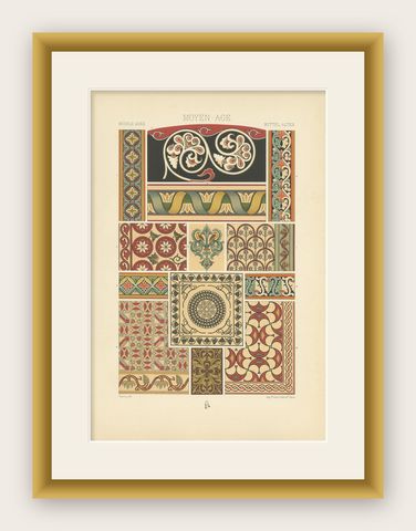 Pl. 46 Antique Print of Mosaic and Painted Ornament by Racinet, circa 1890, shown framed