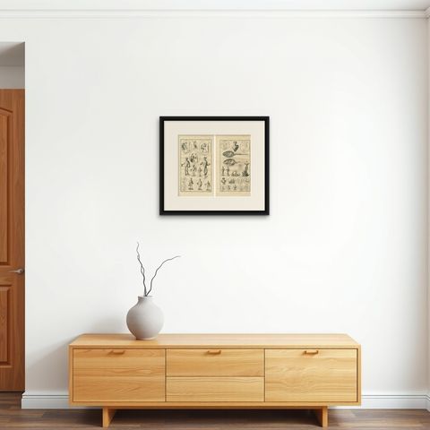 Pair of Roman Classical Sculpture Engravings, Montfaucon Antiquity, c.1721, shown framed on a wall, true to size