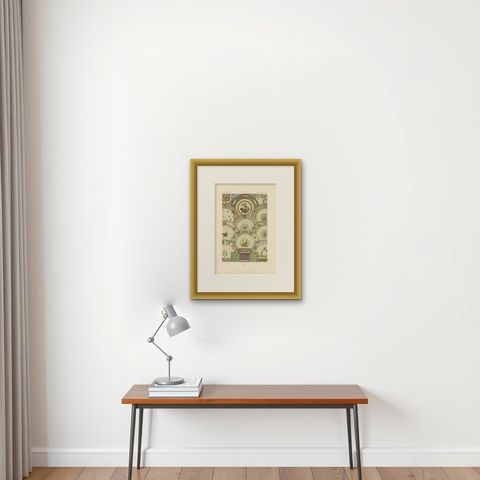 Pl. 98 Antique Print of XVIIIth Century Ornaments by Racinet (c.1890), shown framed on a wall, true to size