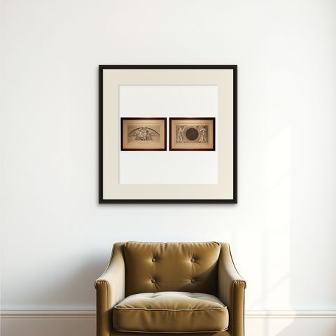 Louvre Architectural Bas-Relief Engravings Pair, French Neoclassical Plates 1803, shown framed on a wall, true to size