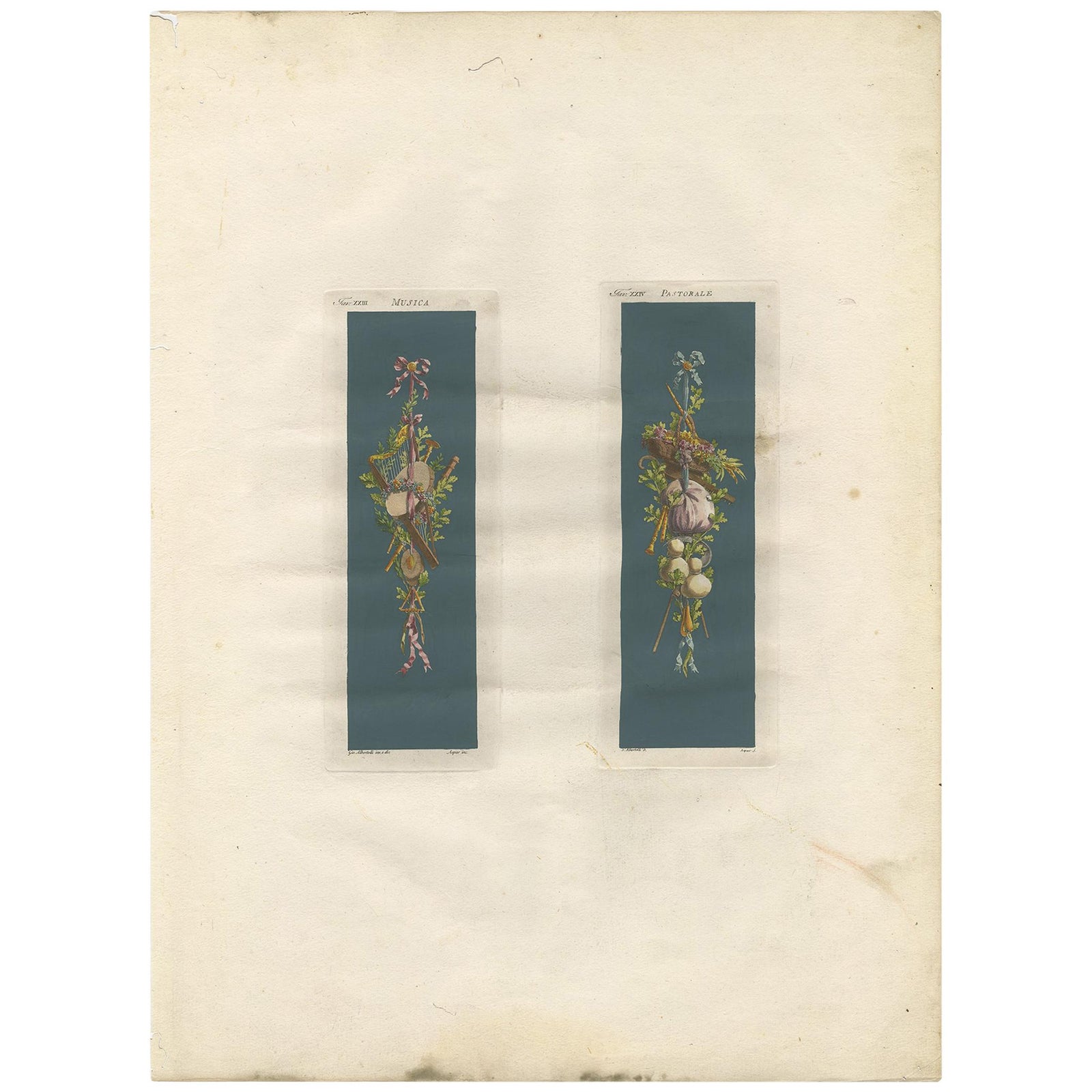 Antique Architecture Print of Ornaments 'Musica & Pastorale' by Albertolli