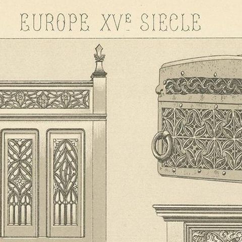 Pl. 34 Antique Print of European 15th Century Furniture by Racinet, circa 1880, close-up 1