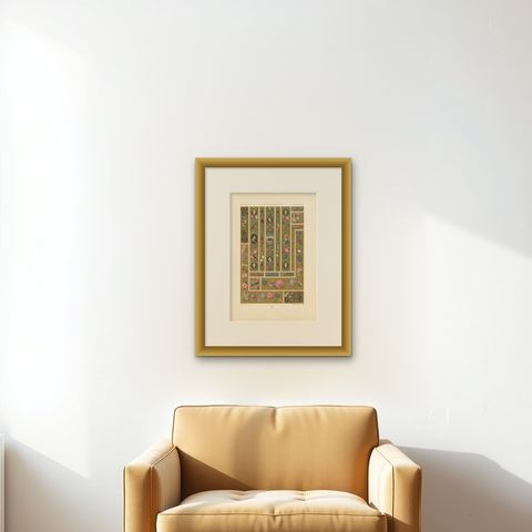 Pl. 78 Antique Print of Renaissance Margin Decorations by Racinet, circa 1890, shown framed on a wall, true to size