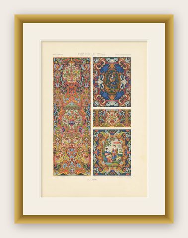 Decorative Antique Print of XVIIth Century Ornaments by Racinet (c.1890), shown framed