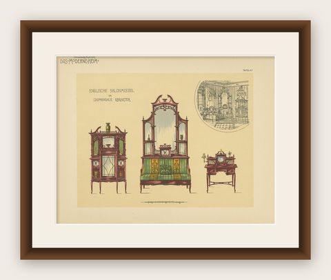 Pl. 47 Antique Print of Salon Furniture by Kramer, circa 1910, shown framed