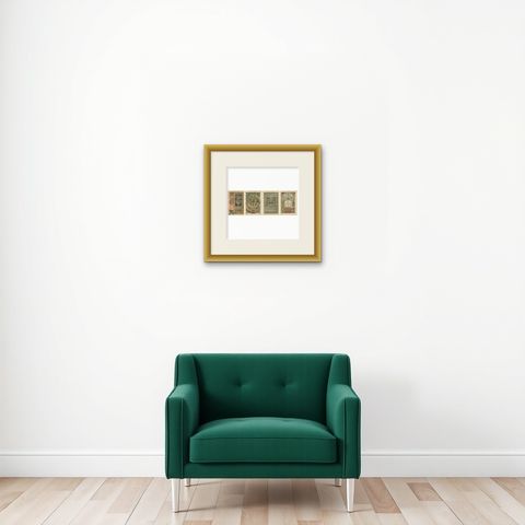 Set of Four Italian Renaissance Decorative Prints by H. Dolmetsch, 1887, shown framed on a wall, true to size