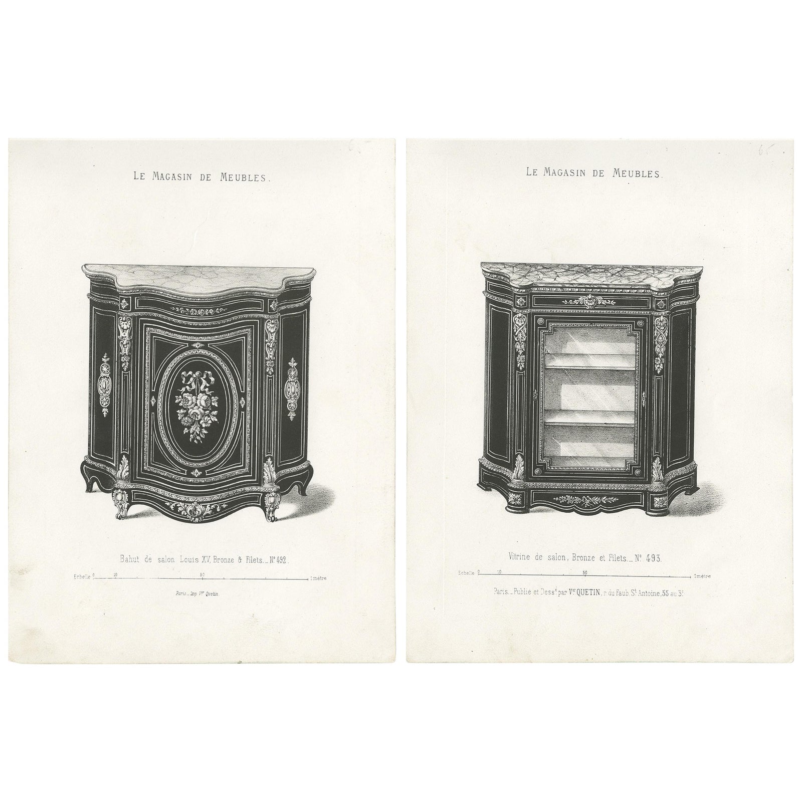 Set of 2 Antique Furniture Prints of a Vitrine and Bahut by Quetin, 'circa 1860'