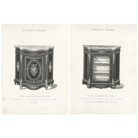 Set of 2 Antique Furniture Prints of a Vitrine and Bahut by Quetin, 'circa 1860'
