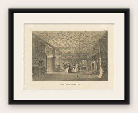 Antique Print of the Hall of Levens Hall by Nash, circa 1870, shown framed