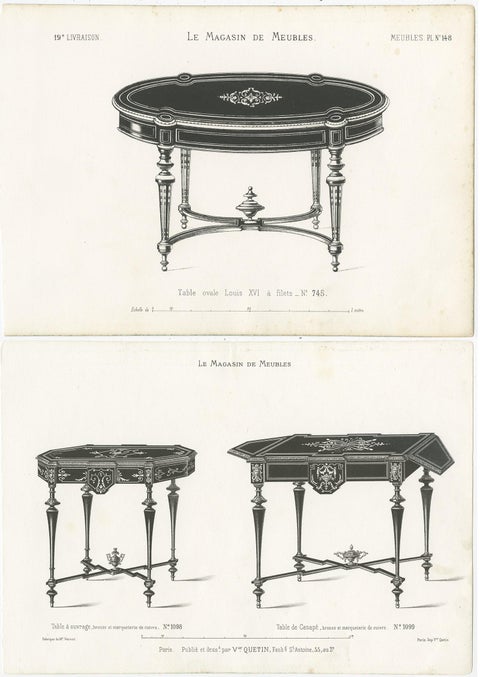 Set of 2 Antique Furniture Prints of Various Tables by Quetin, circa 1860, view 4