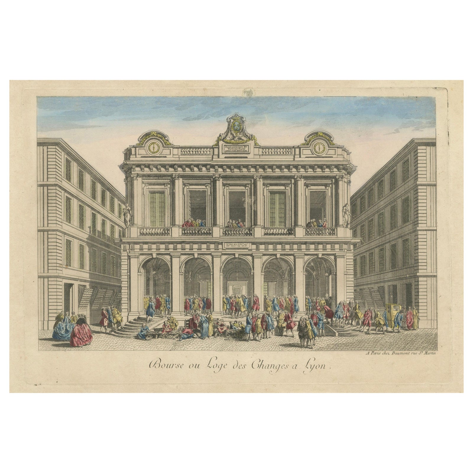 The Exchange Hall in Lyon, 18th Century Hand-Colored Engraving by Daumont
