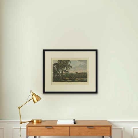 Pastoral Elegance: Ulrik Thersner's 1824 Aquatint of Djursholm Castle, shown framed on a wall, true to size