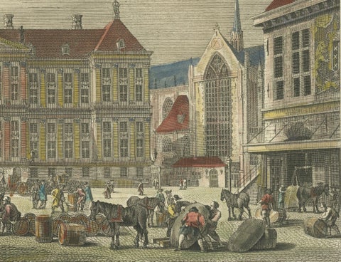 Hand-Colored 1765 Engraving of Amsterdam Royal Palace and Dam Square, 1765, close-up 3
