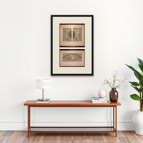 Antique Louvre Architectural Engravings Pair, French Neoclassical Reliefs, 1803, shown framed on a wall, true to size
