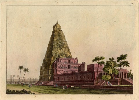 Rare and Hand Coloured Engraving of A Temple in South East Asia, 1827, close-up 3