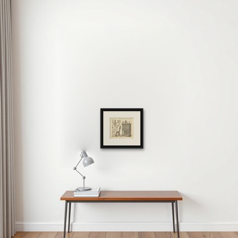 Pl. 76 Antique Print of European XVIth-XVIIth Furniture by Racinet, circa 1880, shown framed on a wall, true to size