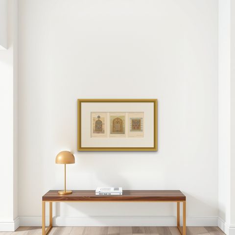 Antique Ottoman Stained Glass Designs, Yenişehir, Set of Three Plates, 1924, shown framed on a wall, true to size