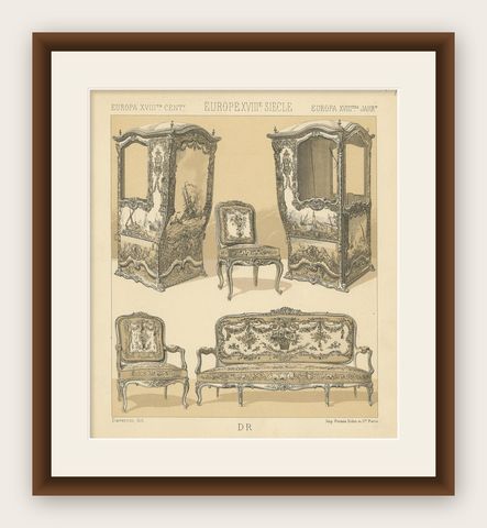 Pl. 109 Antique Print of European XVIIIth Century Furniture by Racinet, shown framed