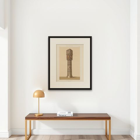 Antique Print of the Hathoric Column of the Portico of the Temple of Dendera, shown framed on a wall, true to size