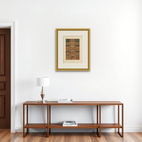 Medieval Tile Designs, Romanesque and Gothic Motifs, Plate XLVI, c.1869, shown framed on a wall, true to size